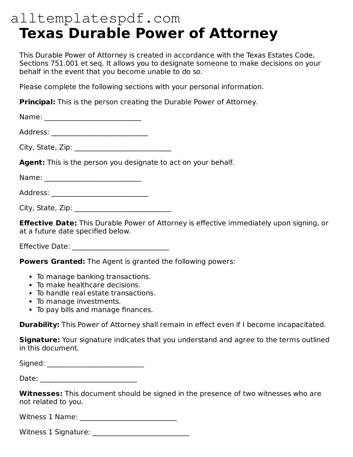 Blank Durable Power of Attorney Template for the State of Texas
