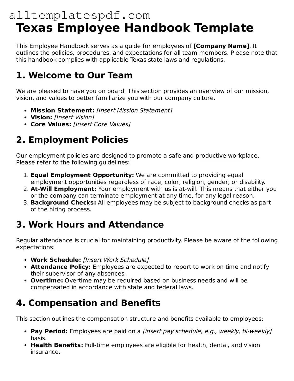 Blank Employee Handbook Template for the State of Texas