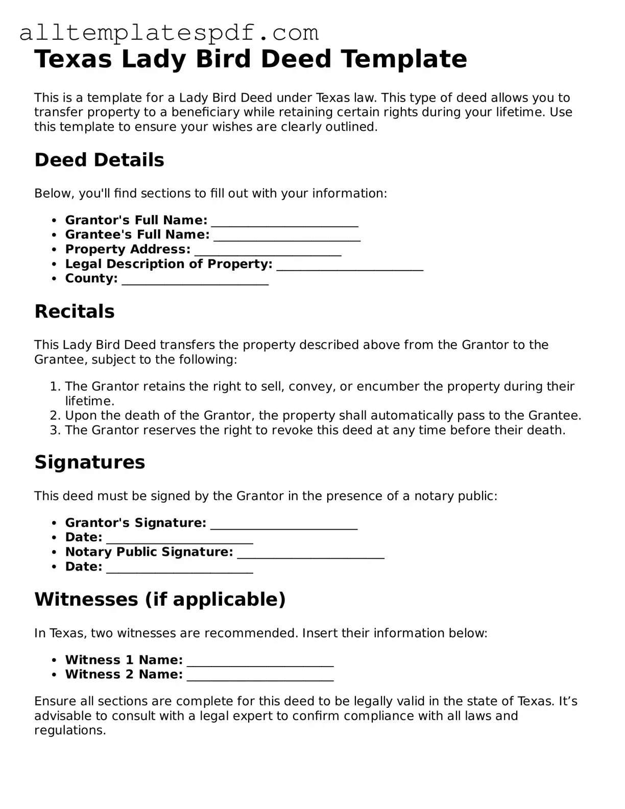 Blank Lady Bird Deed Template for the State of Texas
