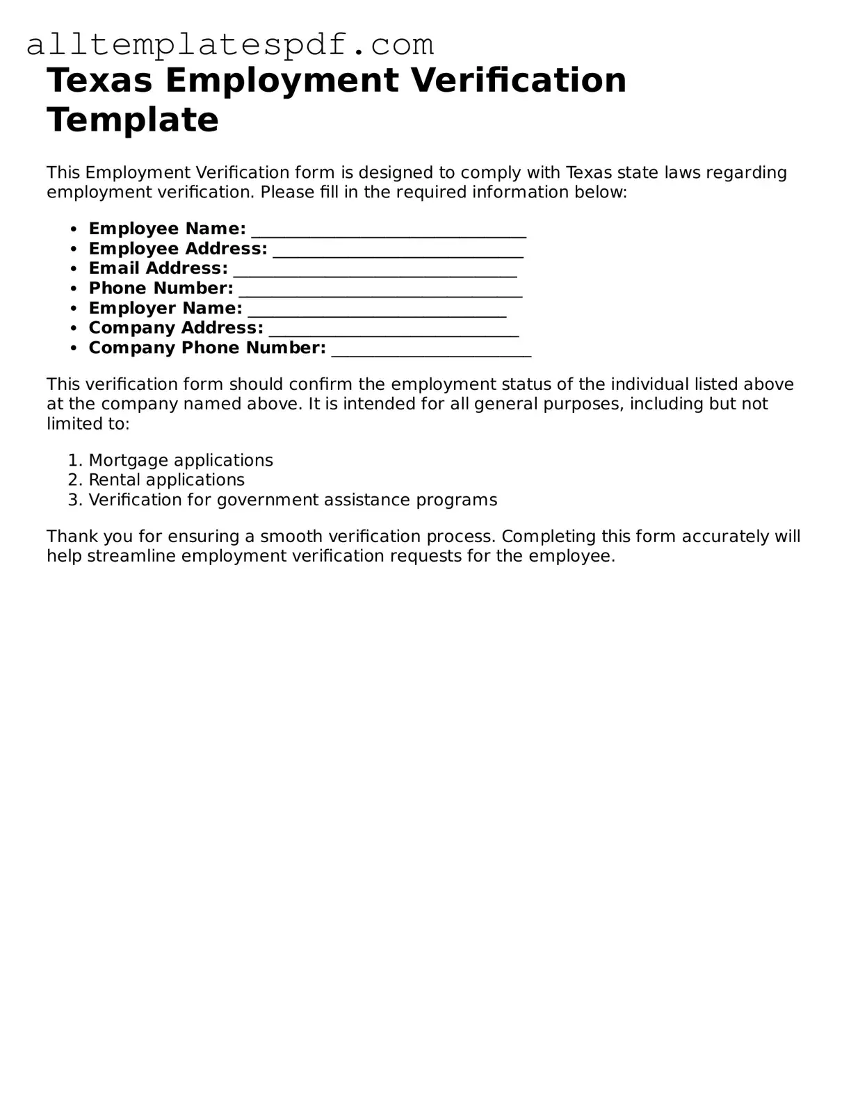 Blank Employment Verification Template for the State of Texas