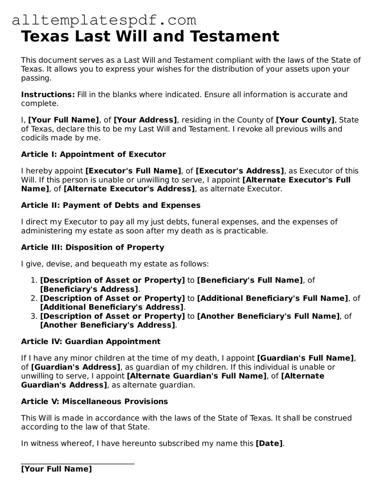 Blank Last Will and Testament Template for the State of Texas