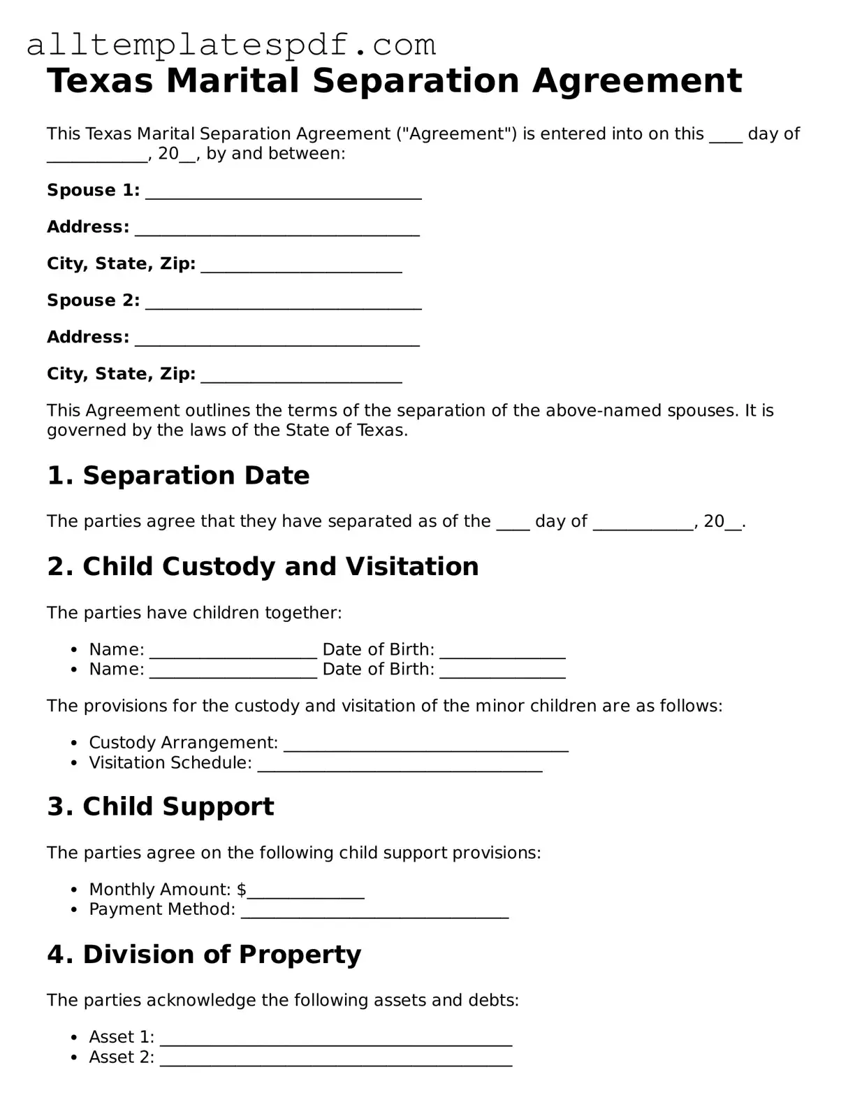 Blank Marital Separation Agreement Template for the State of Texas