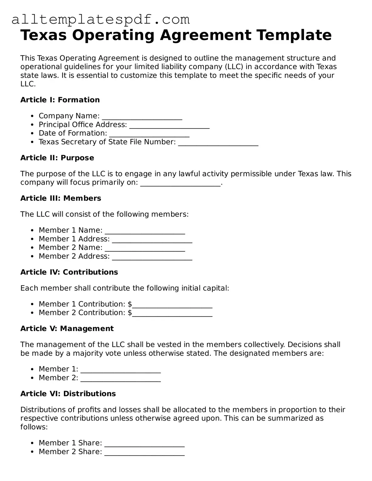 Blank Operating Agreement Template for the State of Texas