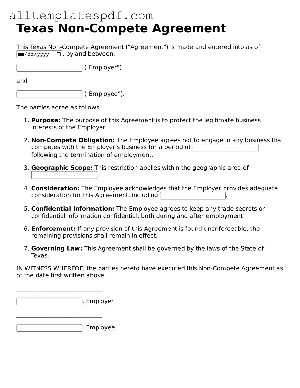 Blank Non-compete Agreement Template for the State of Texas