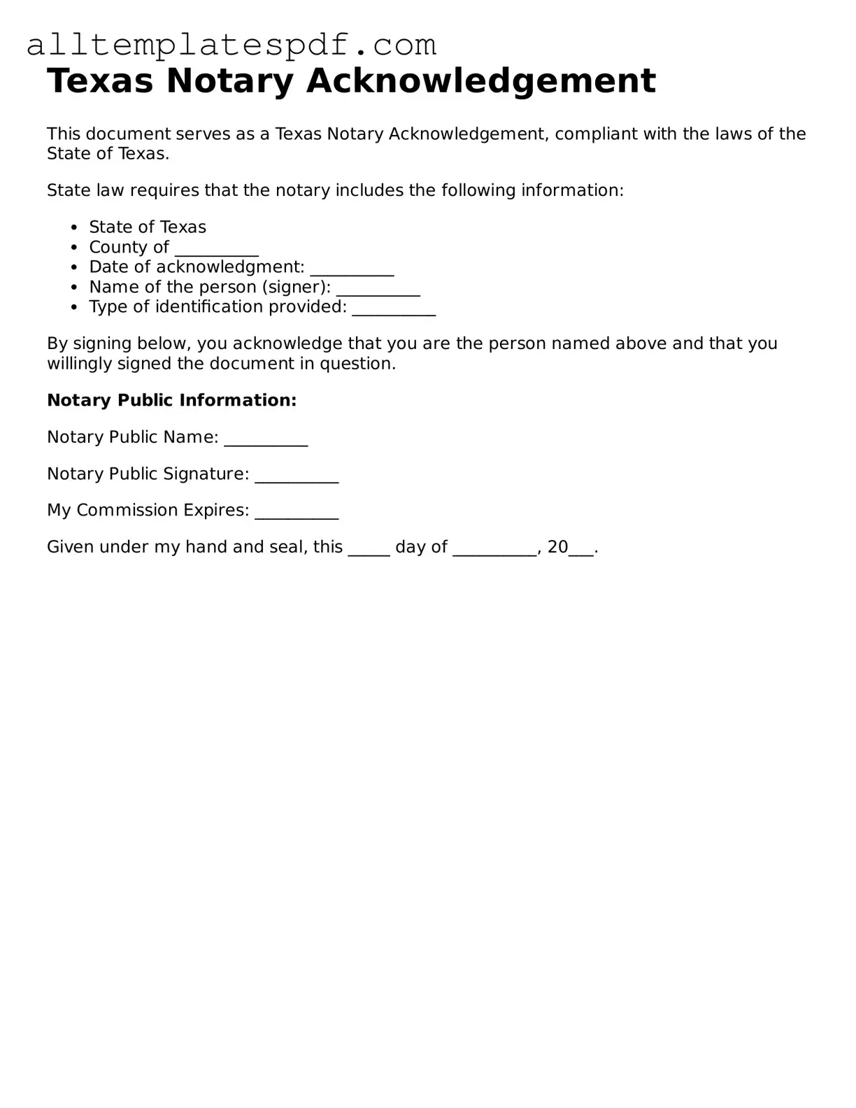 Blank Notary Acknowledgement Template for the State of Texas