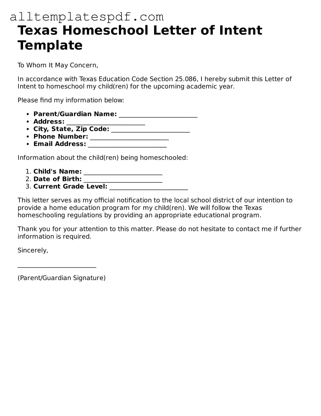 Blank Homeschool Letter of Intent Template for the State of Texas