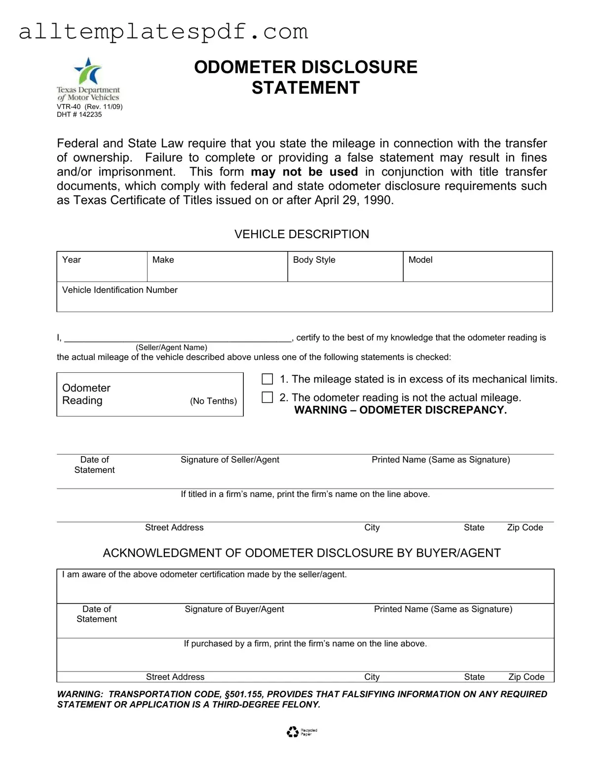 Fill Out a Valid Texas Odometer Statement Form