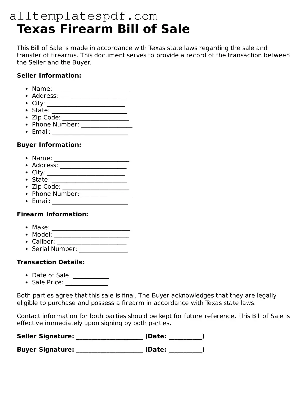 Blank Firearm Bill of Sale Template for the State of Texas
