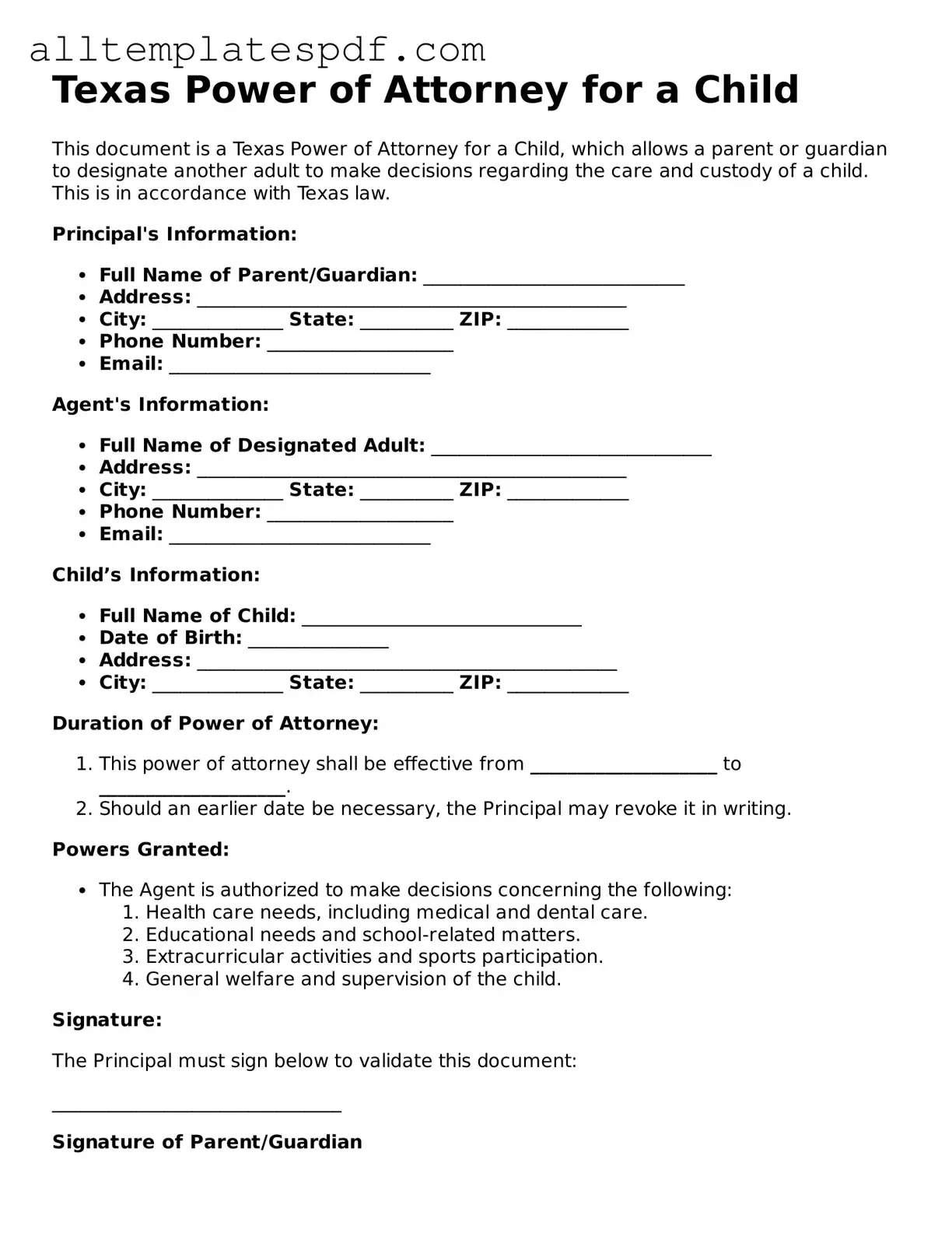 Blank Power of Attorney for a Child Template for the State of Texas