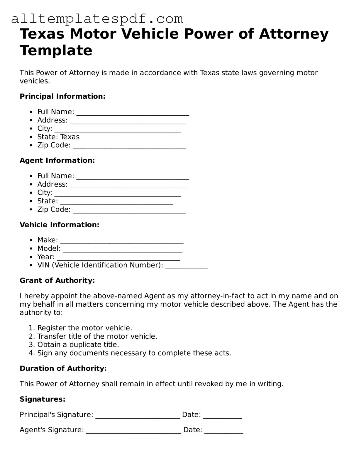 Blank Motor Vehicle Power of Attorney Template for the State of Texas