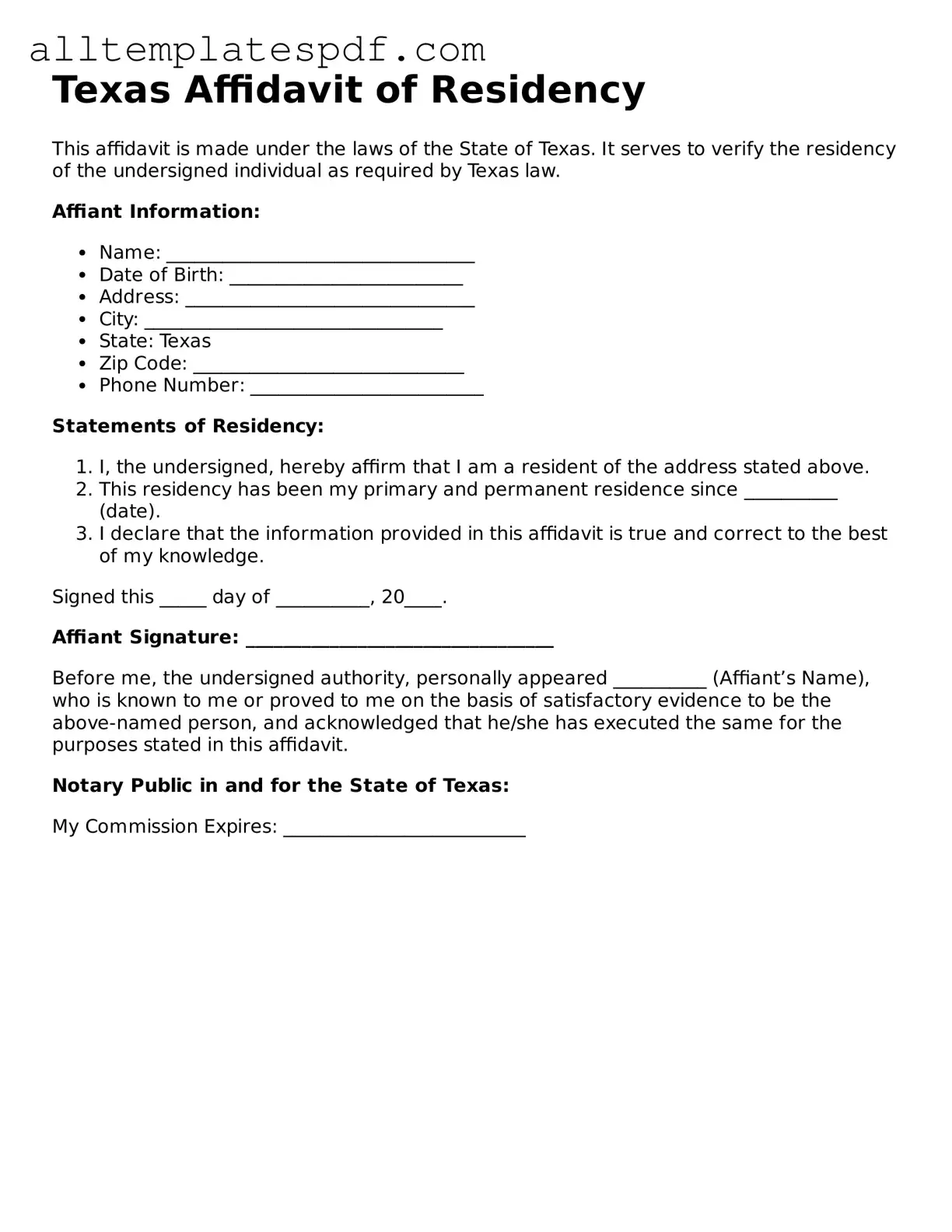 Blank Affidavit of Residency Template for the State of Texas