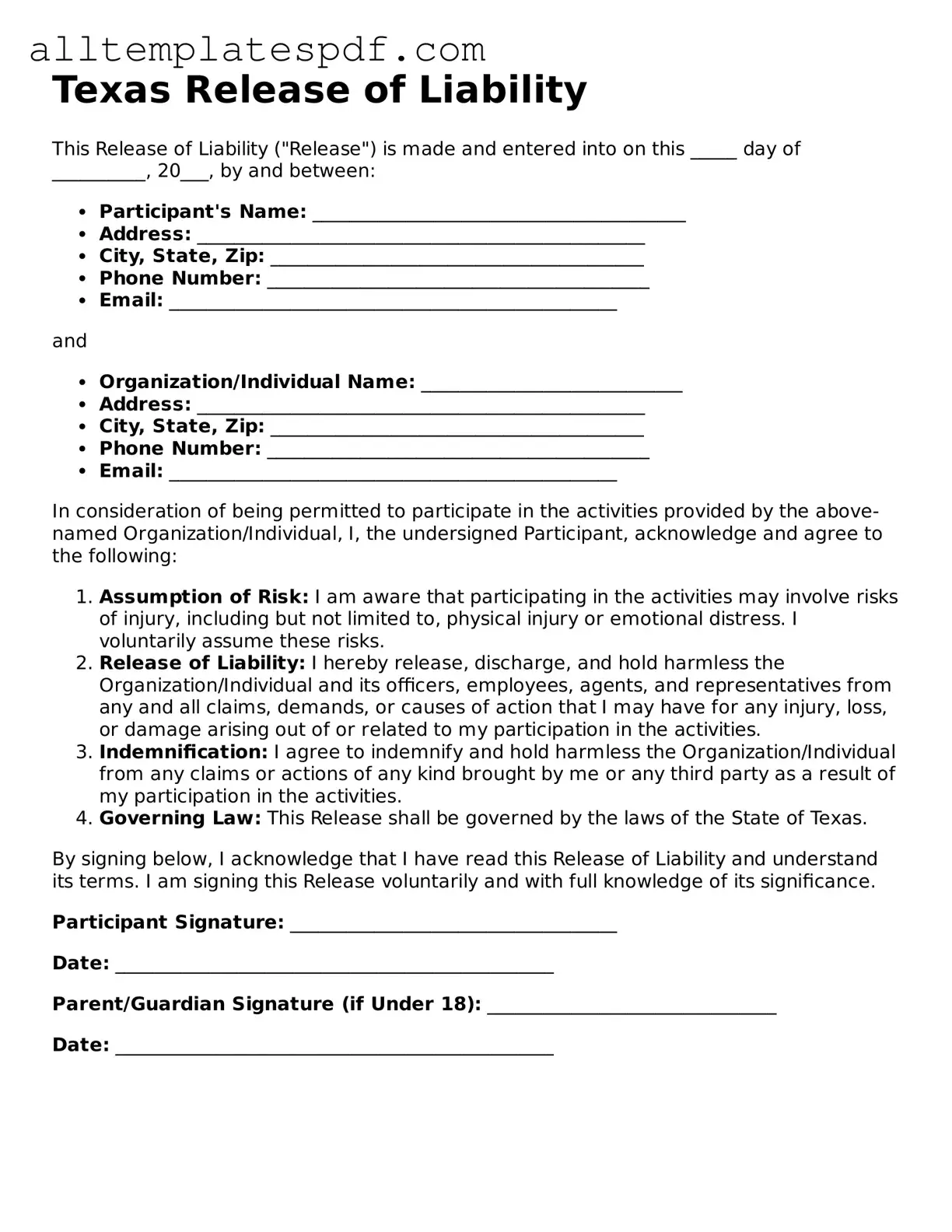 Blank Release of Liability Template for the State of Texas