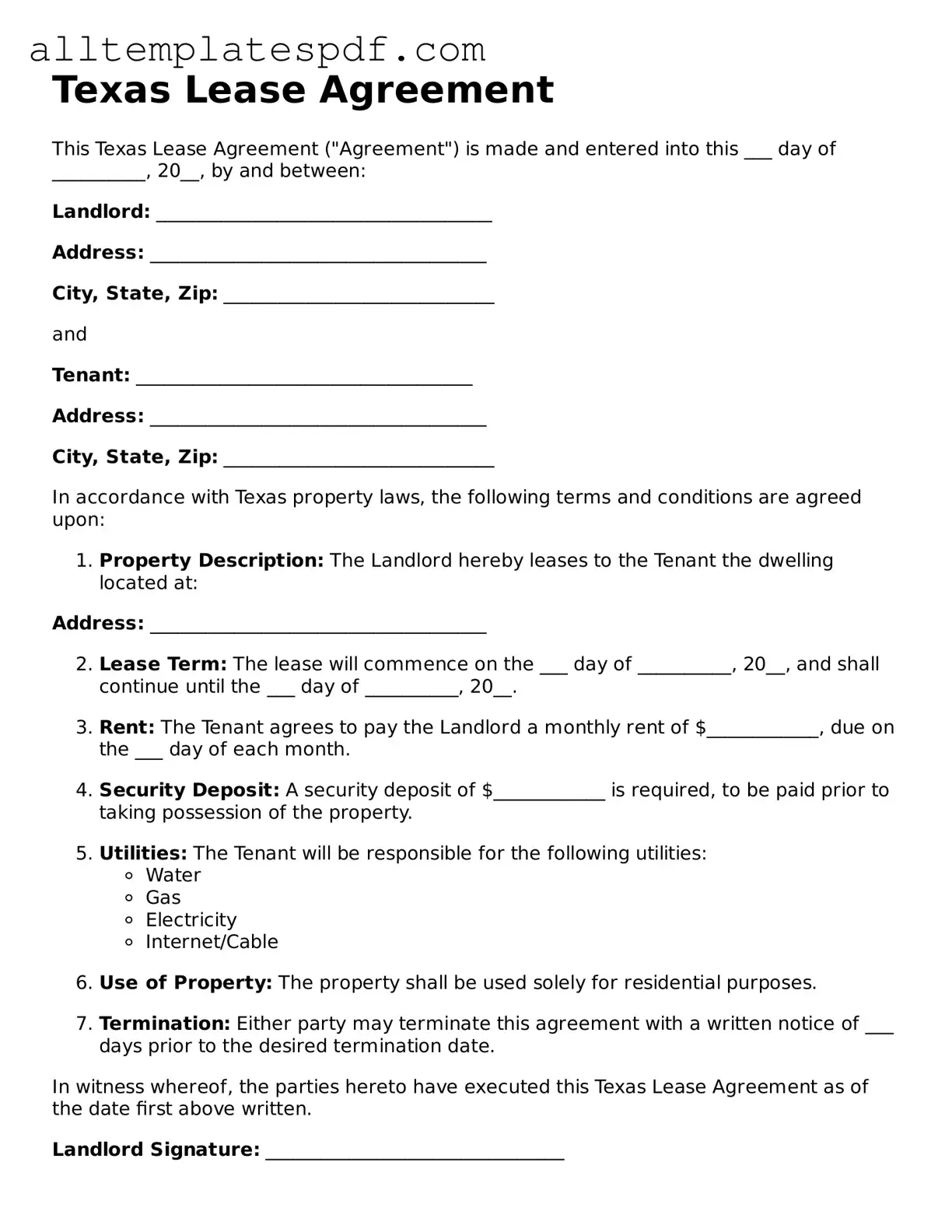 Blank Lease Agreement Template for the State of Texas