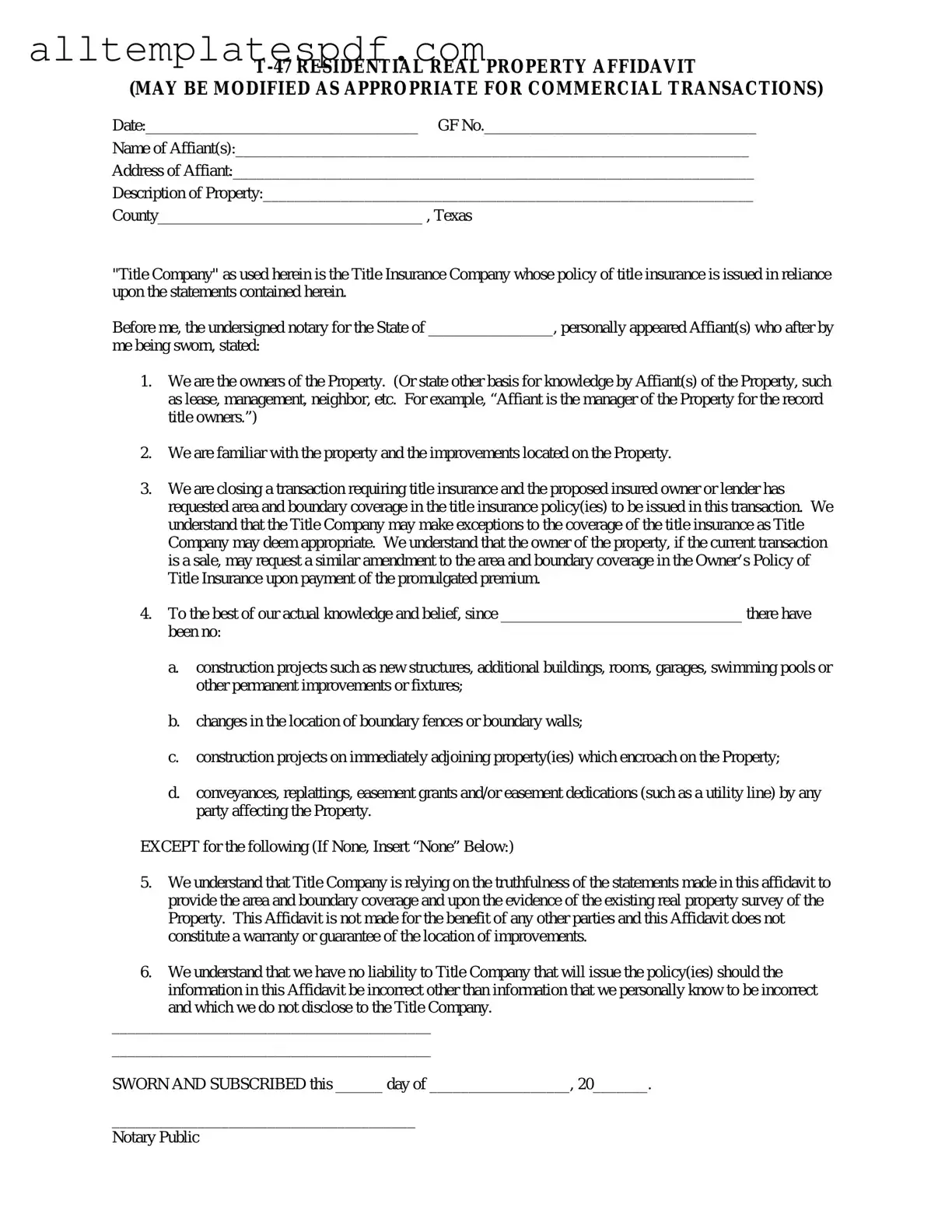 Fill Out a Valid Texas residential property affidavit T-47 Form
