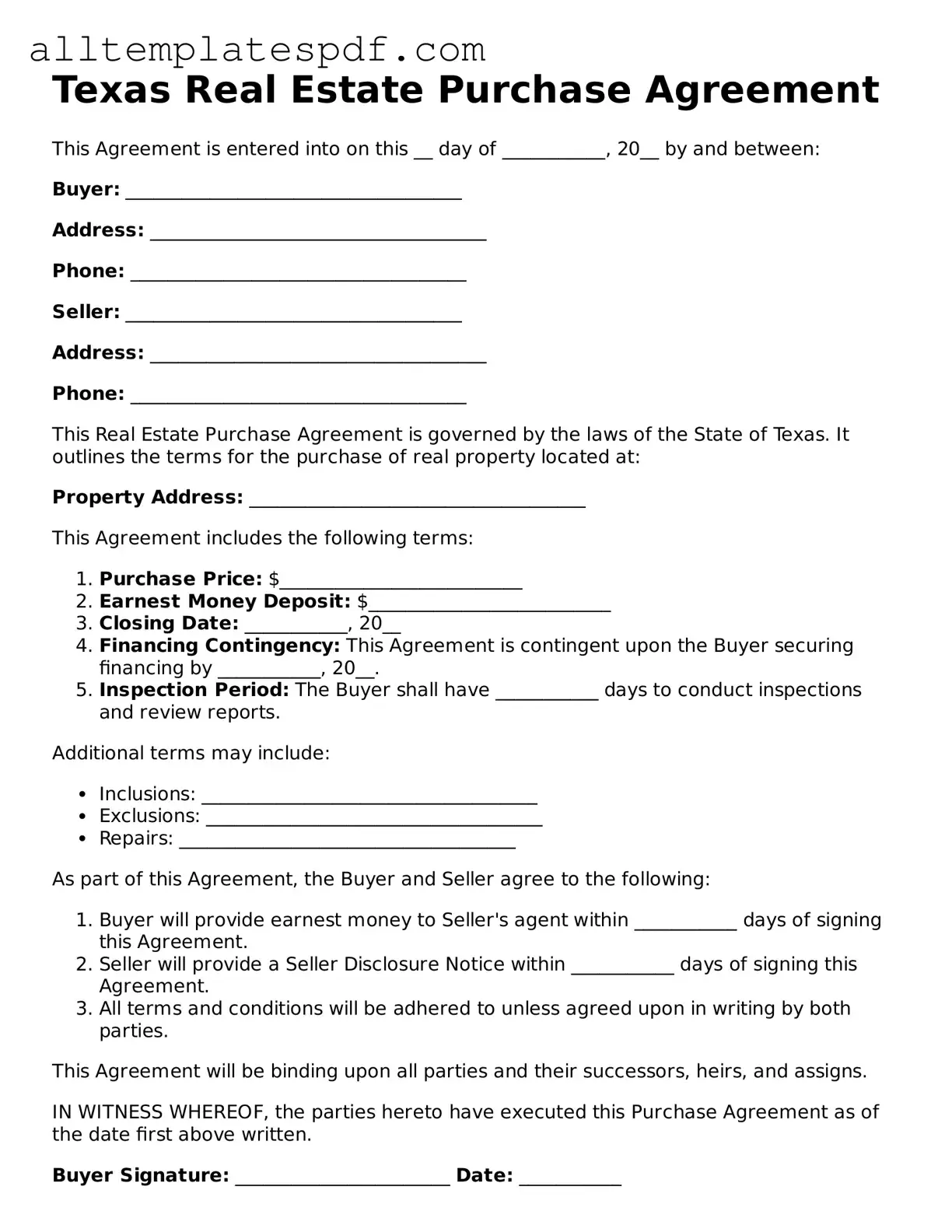 Blank Real Estate Purchase Agreement Template for the State of Texas