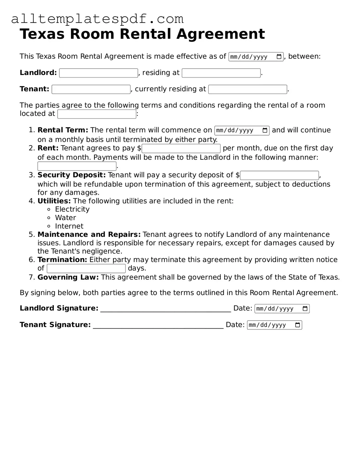 Blank Room Rental Agreement Template for the State of Texas