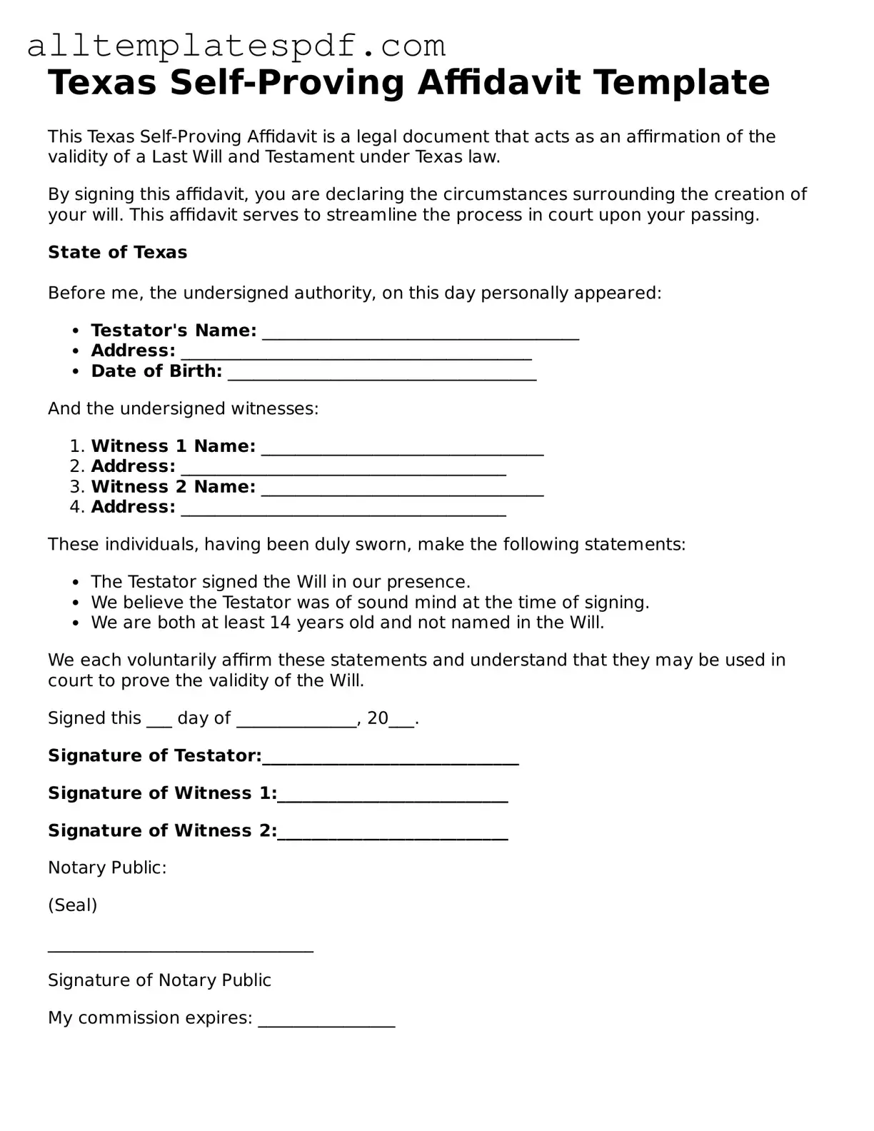 Blank Self-Proving Affidavit Template for the State of Texas