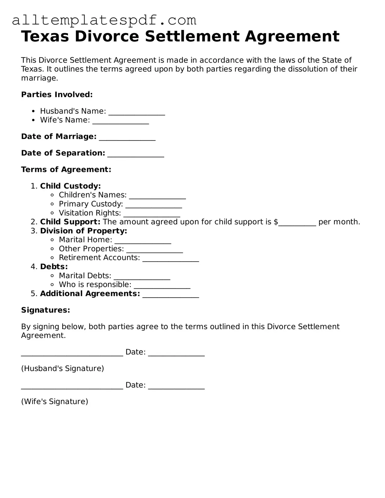 Blank Divorce Settlement Agreement Template for the State of Texas