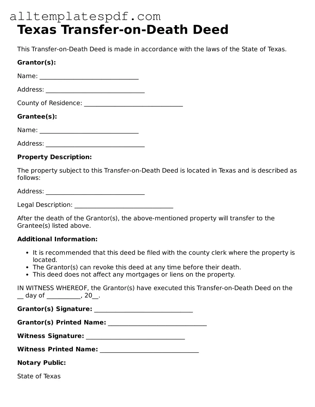 Blank Transfer-on-Death Deed Template for the State of Texas