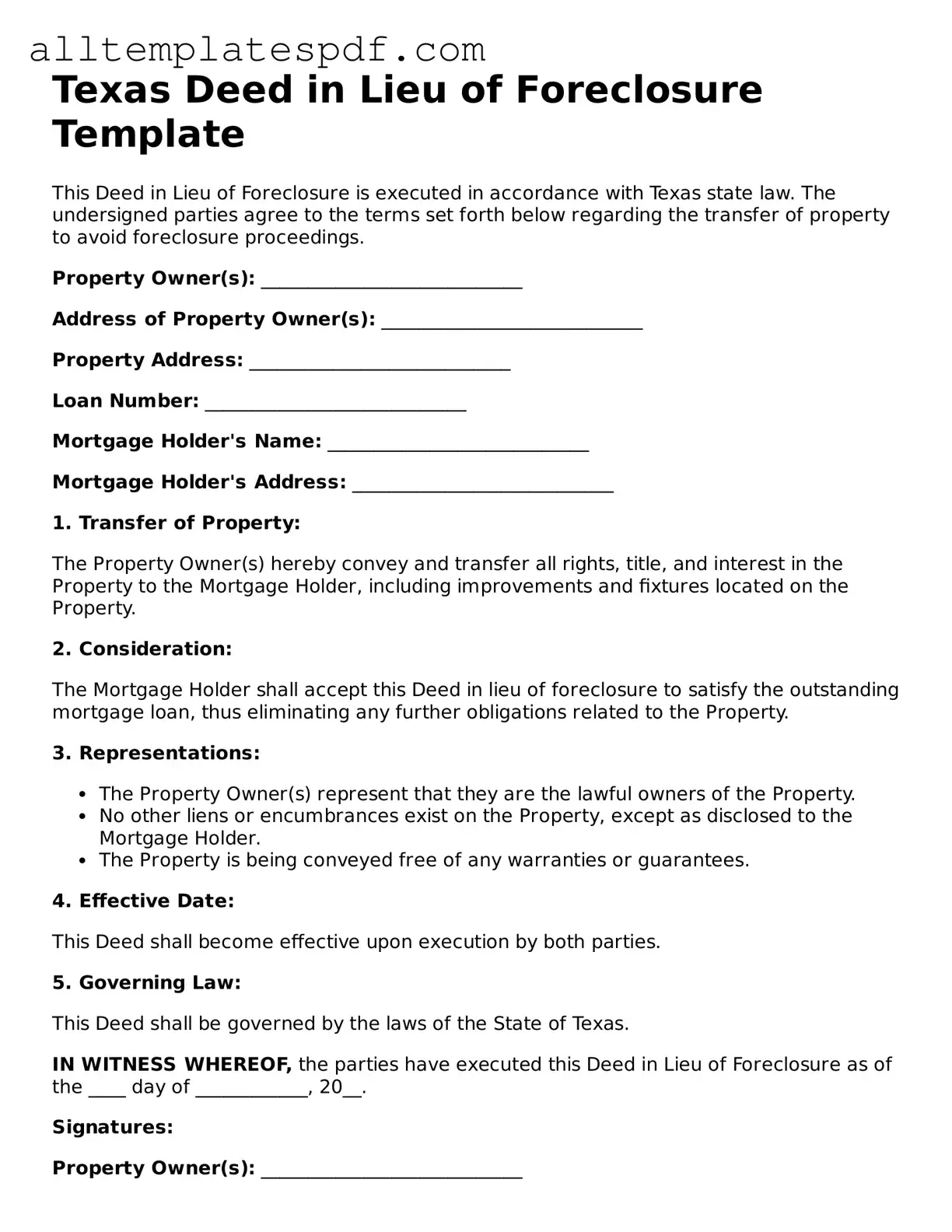 Blank Deed in Lieu of Foreclosure Template for the State of Texas