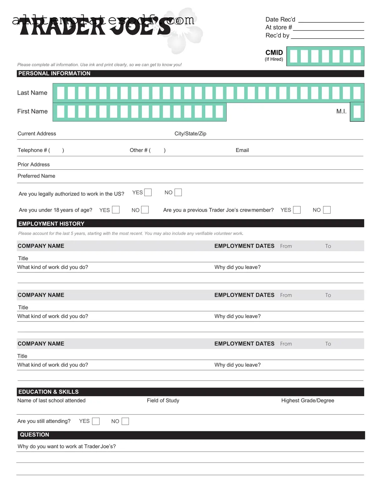 Fill Out a Valid Trader Joe's application Form