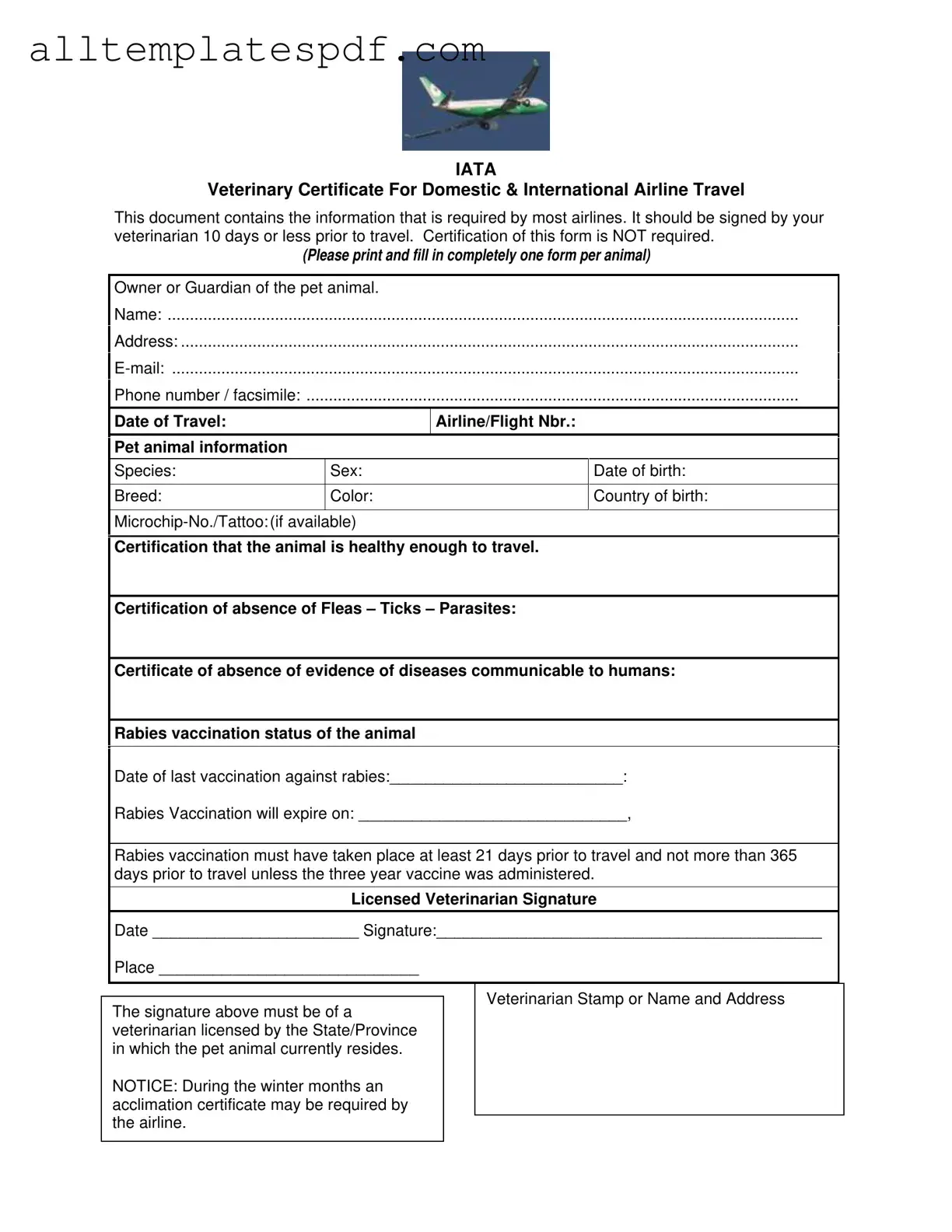 Fill Out a Valid Veterinary Certificate Travel Form