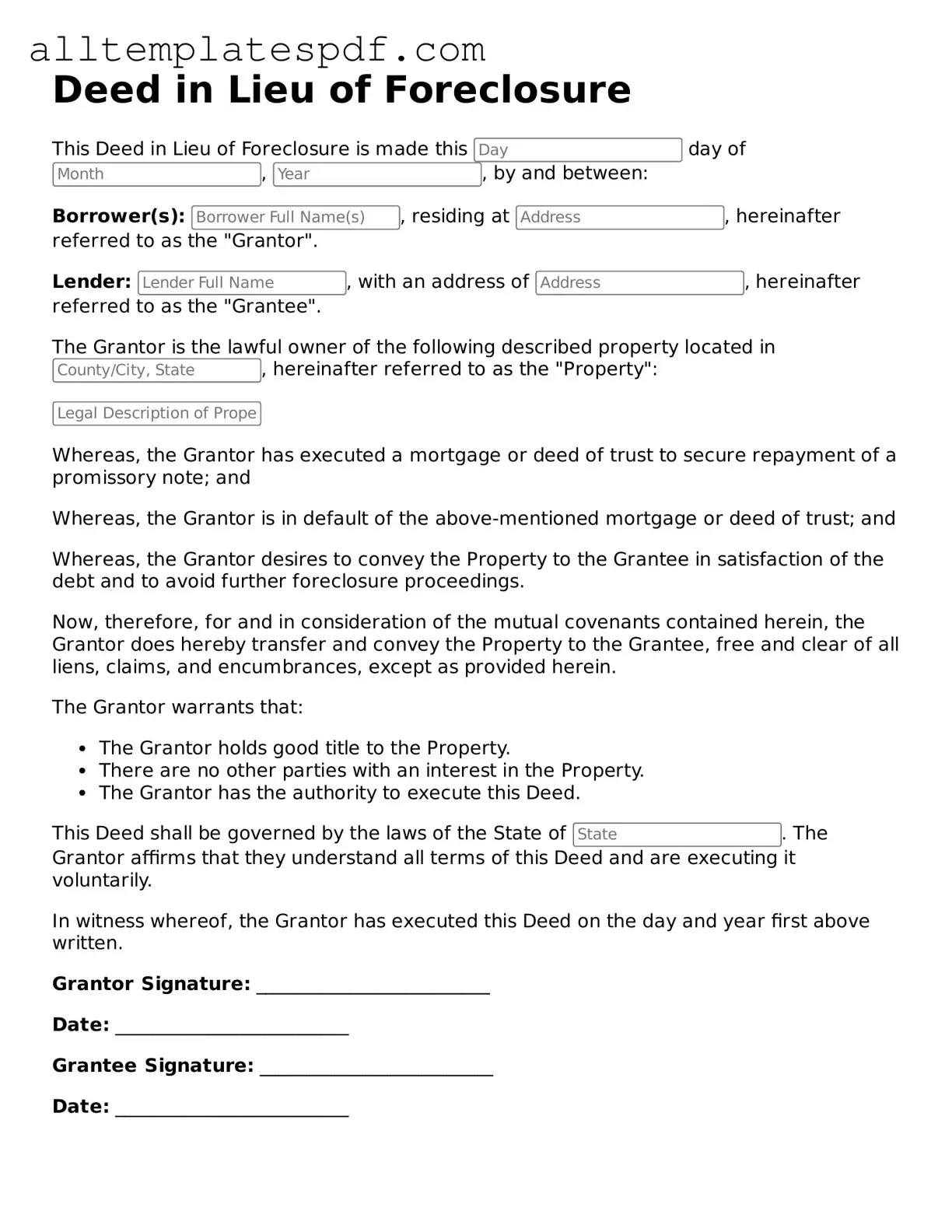 Attorney-Approved Deed in Lieu of Foreclosure Template